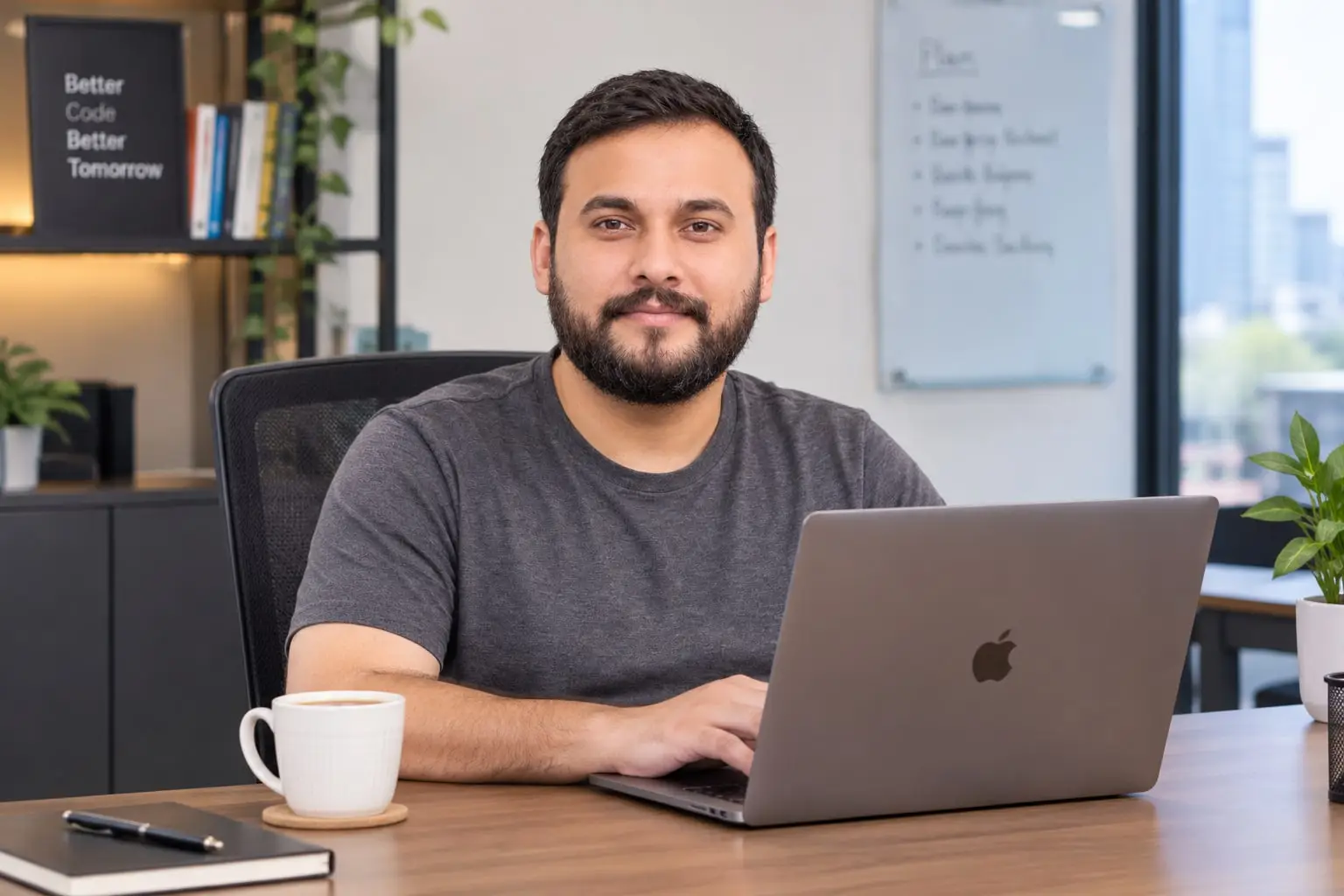 Kashif Bhatti at his desk with a laptop and a cup of tea